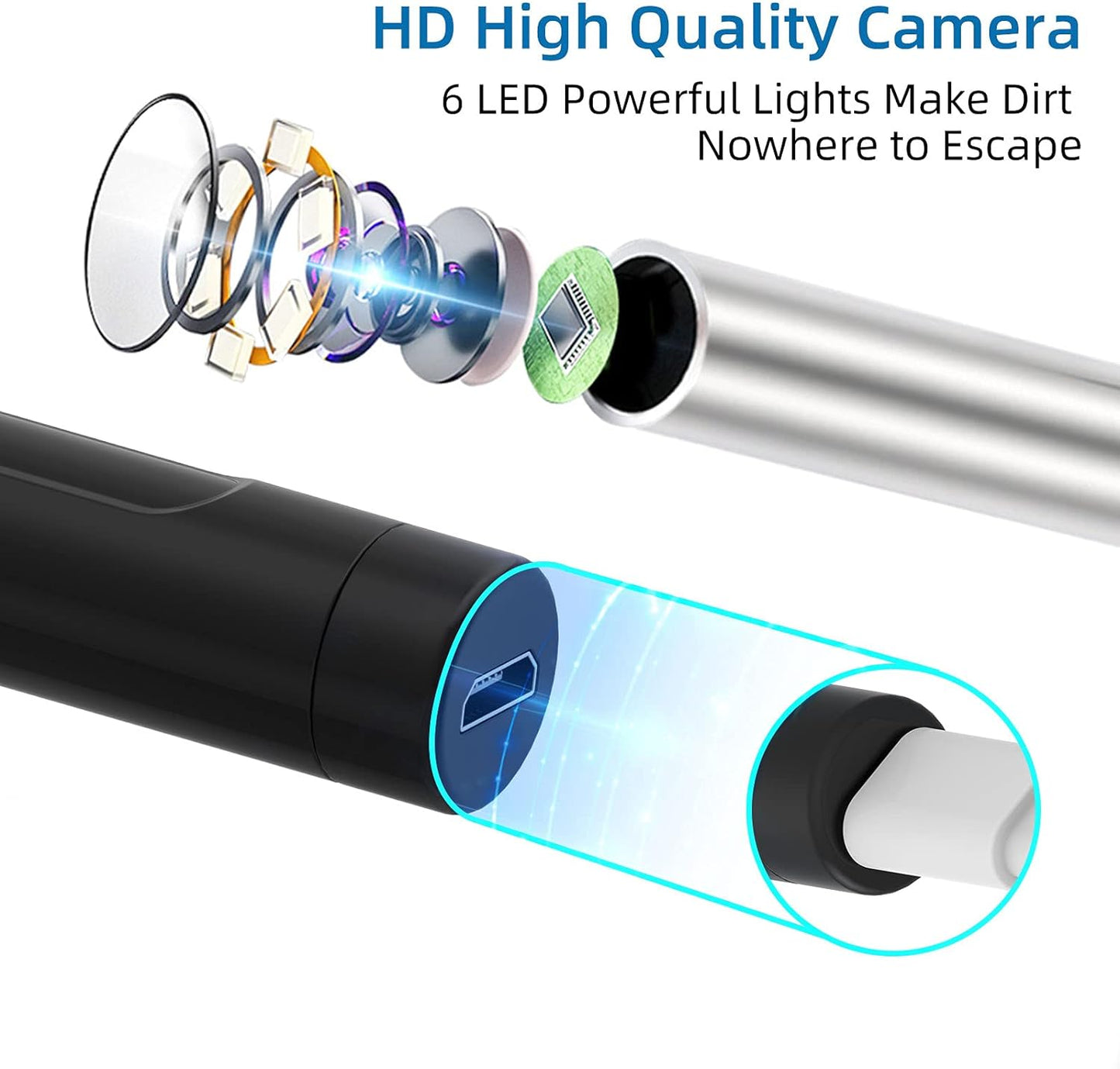 Otoscop, dispozitiv WiFi pentru indepartare ceara urechi, camera 5 MP cu lumini LED, impermeabila IP67, vizualizare live prin aplicatie Android si iOS, negru