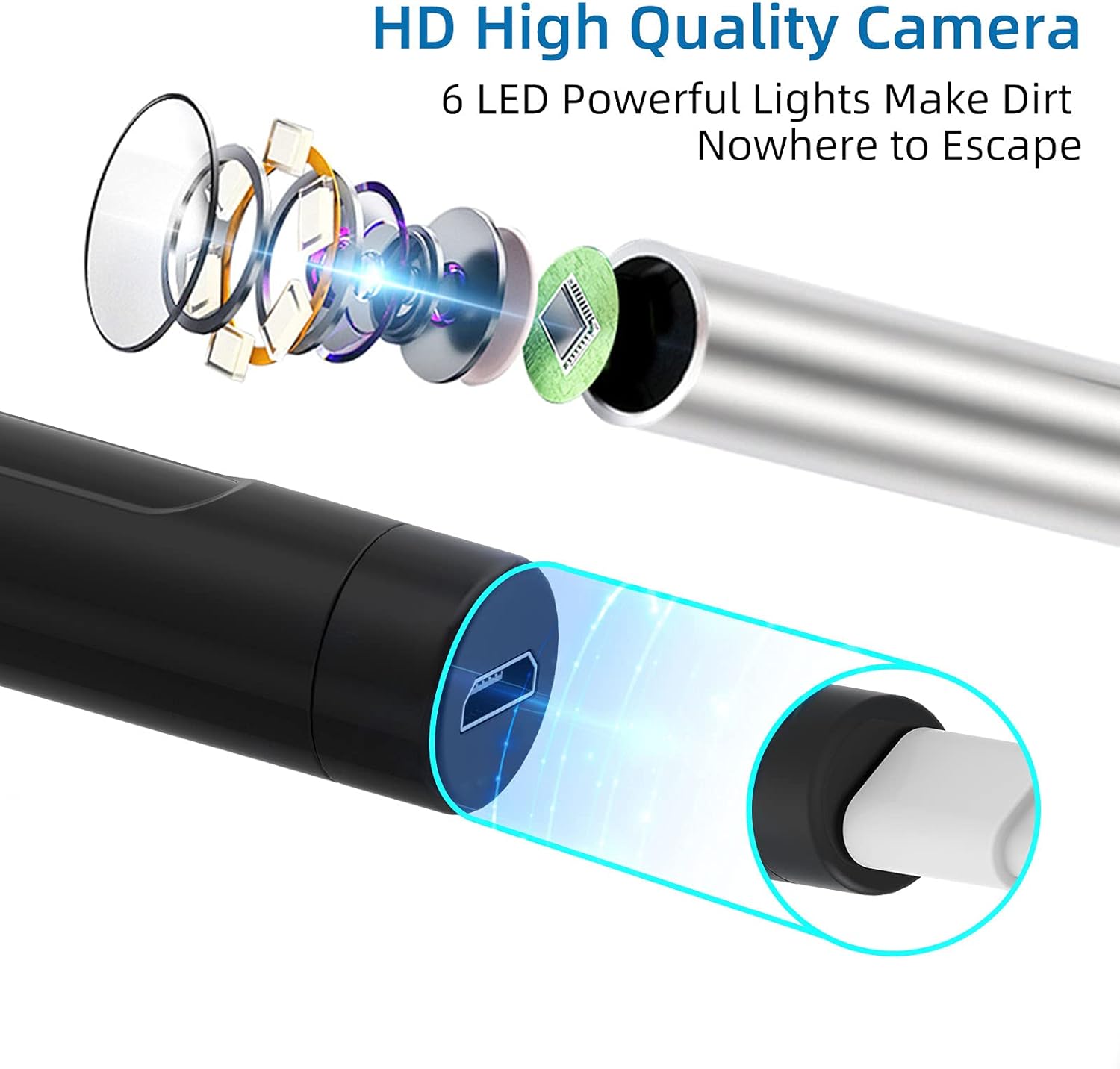 Otoscop, dispozitiv WiFi pentru indepartare ceara urechi, camera 5 MP cu lumini LED, impermeabila IP67, vizualizare live prin aplicatie Android si iOS, negru