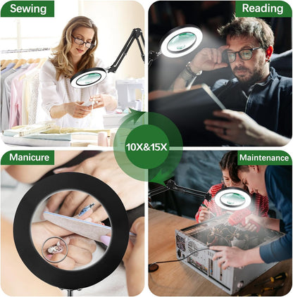 Lampa cosmetica LED cu lupa 10X-15X, lumina reglabila in 3 culori alb cald/rece, dimabila, cu telecomanda, brat reglabil cu prindere tip menghina, pentru machiaj, manichiura, tatuaje