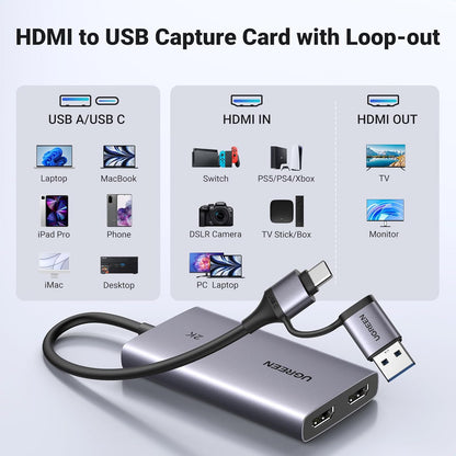 Placa de captura video HDMI la USB-C/USB-A, 4K loop-out, inregistrare 2K 30Hz, Plug & Play, streaming live, compatibil smartphone, consola, camera DSLR, laptop, PC Windows, macOS, Linux