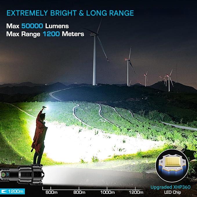 Lanterna tactica LED, din aluminiu, 50000 lumeni, profesionala, focus ajustabil, 5 moduri iluminare, acumulator inclus de 5000 mAh, rezistenta la apa IPX7, incarcare USB, sursa XHP360 negru