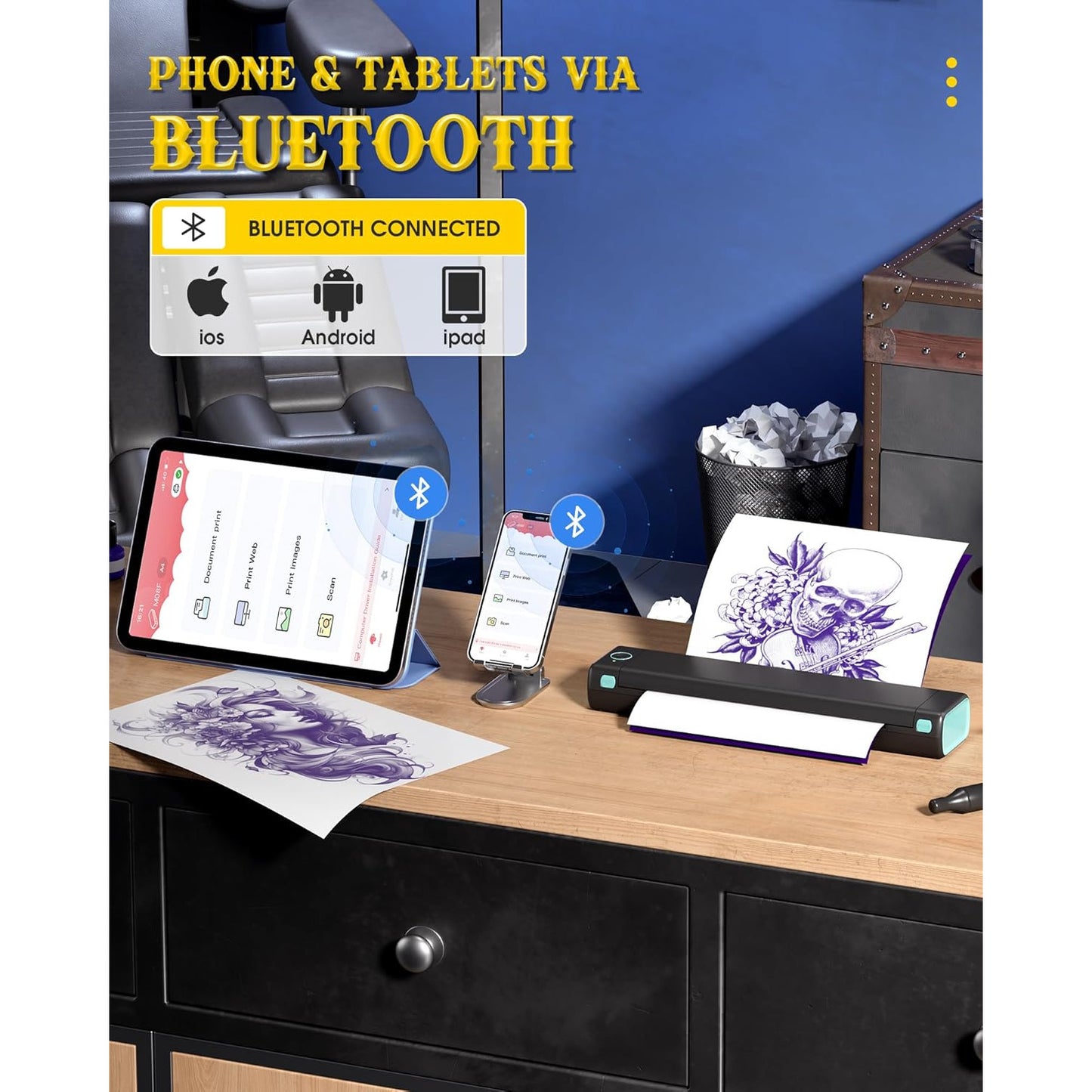 Imprimanta termica Bluetooth, imprimare pe hartie termica A4, portabila, acumulator 1200 mAh, printare fara tus, pentru tatuaje, business, calatorii, compatibil iOS, Android, PC, Laptop