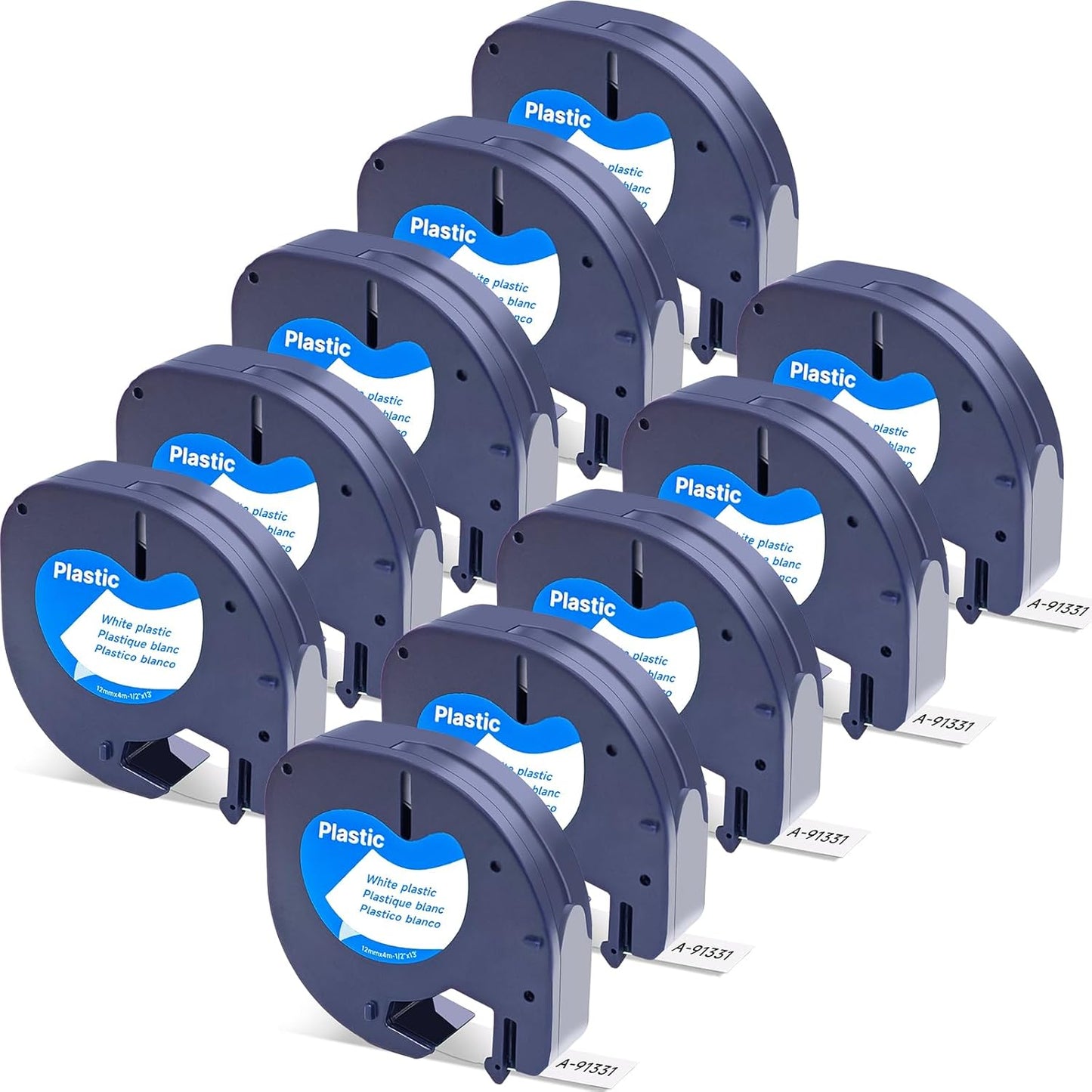 Set 10 benzi etichete plastic alb compatibil Dymo Letratag 91221 91201 91331, 12 mm x 4 m, pentru Dymo Lt-100H LT-100T XR QX50 200B