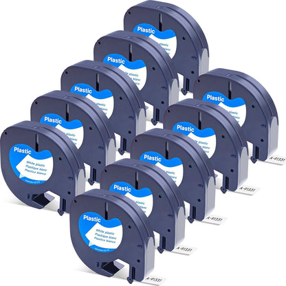 Set 10 benzi etichete plastic alb compatibil Dymo Letratag 91221 91201 91331, 12 mm x 4 m, pentru Dymo Lt-100H LT-100T XR QX50 200B