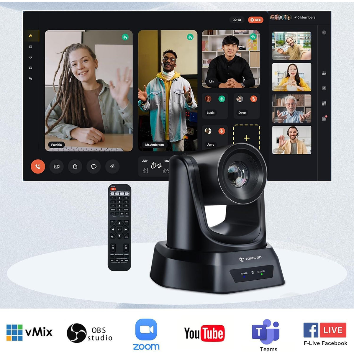 Camera PTZ wireless TONGVEO 5.8 GHz, 1080P 60FPS, USB 3.0, rotire 350° si inclinare 180°, telecomanda, receptor USB inclus, pentru videoconferinte si Streaming Live, compatibila Windows/Mac, Zoom si OBS, Plug & Play