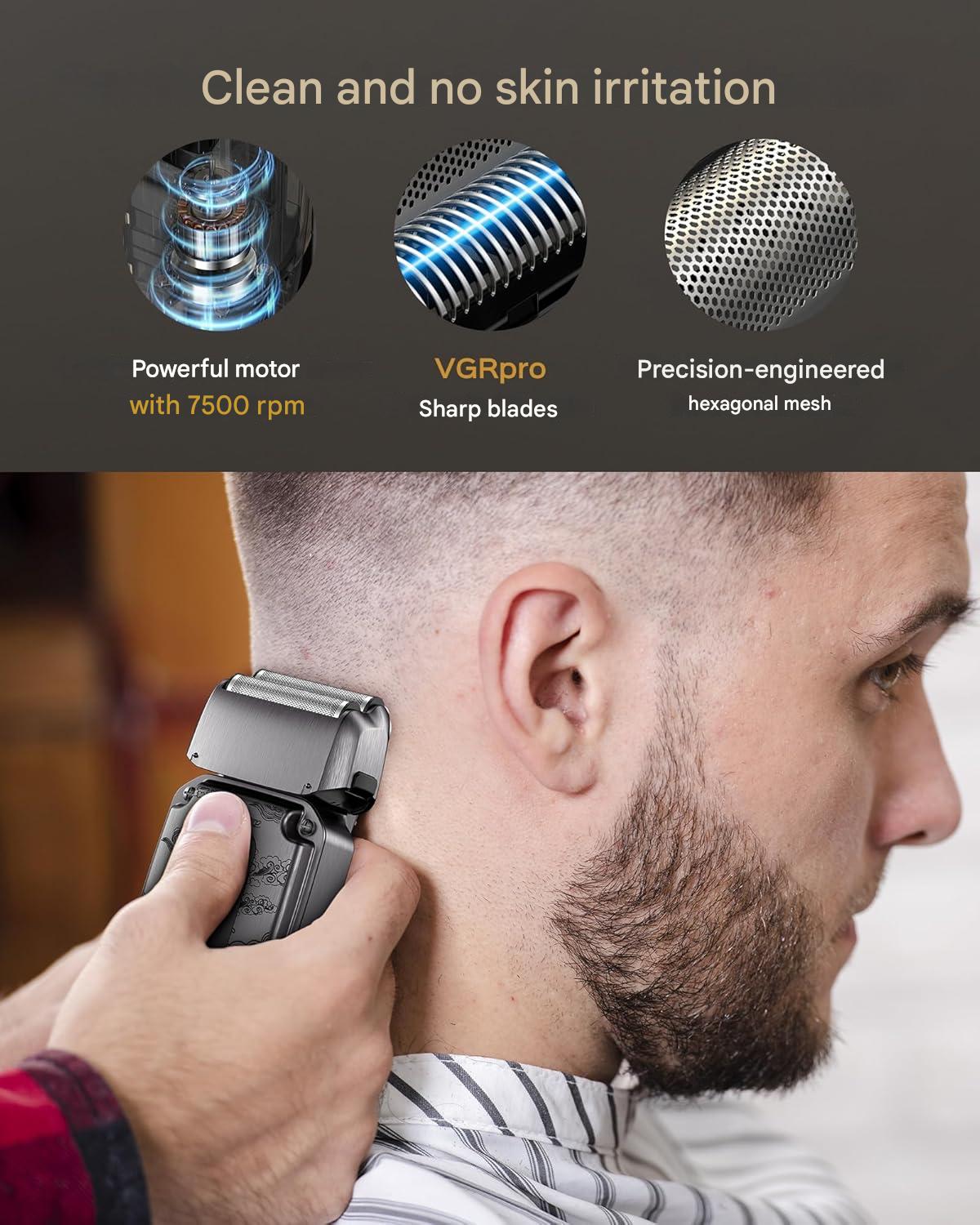Set masina de tuns profesionala VGRPRO 3 in 1 masina de tuns, trimmer si aparat de ras, 4 viteze pana la 7500 RPM, 15 accesorii, impermeabil IPX7, display LED, baterie reincarcabila, wireless, pentru par si barba
