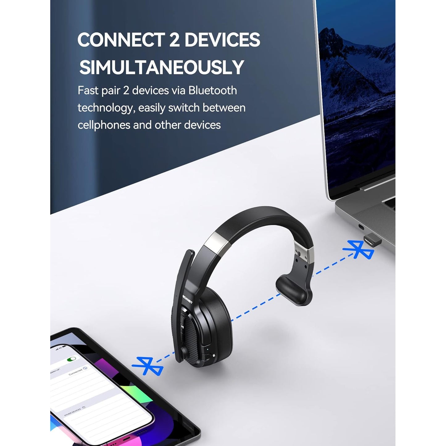 Casca call center Wireless Bluetooth, cu microfon rotativ 270°, USB dongle, anulare a zgomotului, functionare pana la 70 de ore, raza de 15m, pentru PC, smartphone, neagra