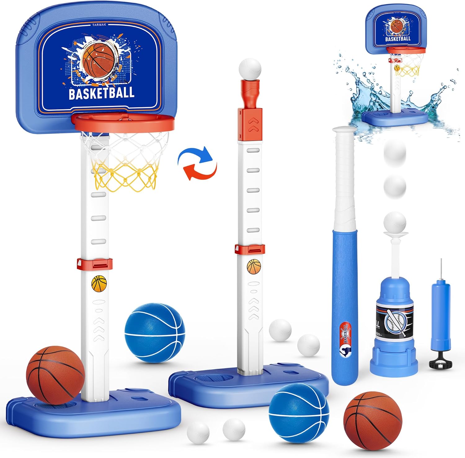 Set cos de baschet si baseball pentru copii 2 in 1 cu bata, baza de lansare, pompa, mingi, suport cu inaltime reglabila, baza stabila, pentru interior si interior, multifunctional