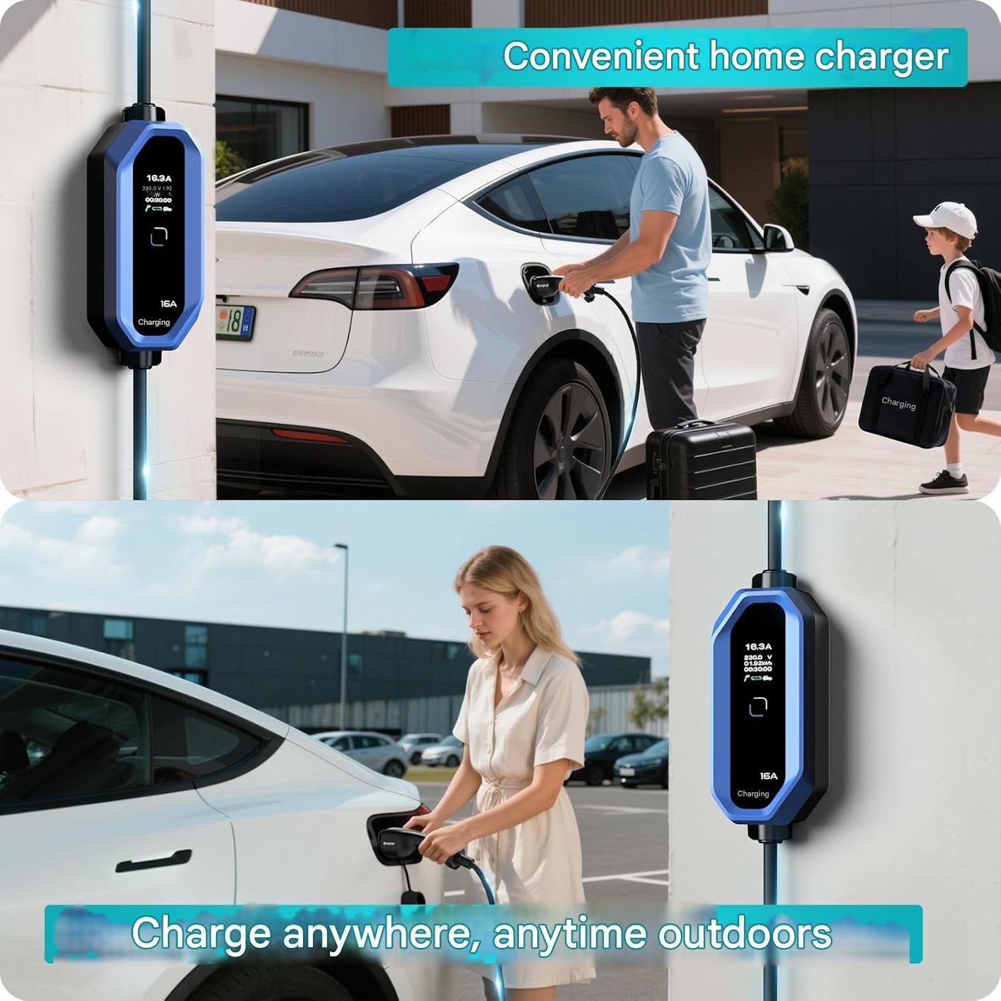 Statie de incarcare portabila pentru masini electrice cu cablu Type 2, cablu de incarcare EV, 5 m, 3,68 kW, 230 V, IEC 62196-2, curent reglabil 6-16 A, Chargingo, impermeabil IP65, afisaj LCD, cu geanta de depozitare