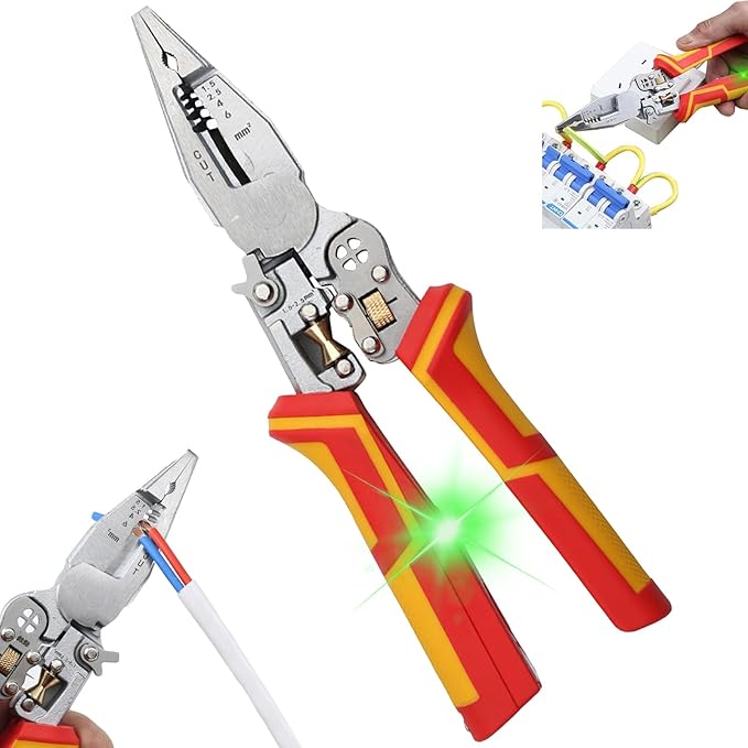 Cleste multifunctional 9 in 1, pentru dezizolat, taiat si sertizat cabluri, cabluri coaxiale si perechi rasucite 1,5-6 mm², tester de tensiune 12-250 V AC/DC cu alarma vizuala/auditiva si blocare de siguranta, pentru diagnosticare