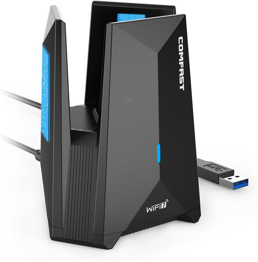 Adaptor USB WiFi 7 COMFAST 6500Mbps, Stick WLAN Tri-Band cu USB 3.0, MU-MIMO, OFDMA si WPA3, Dongle Wireless Plug & Play fara Driver pentru PC si Laptop cu Windows 10/11, cu antena integrata, negru