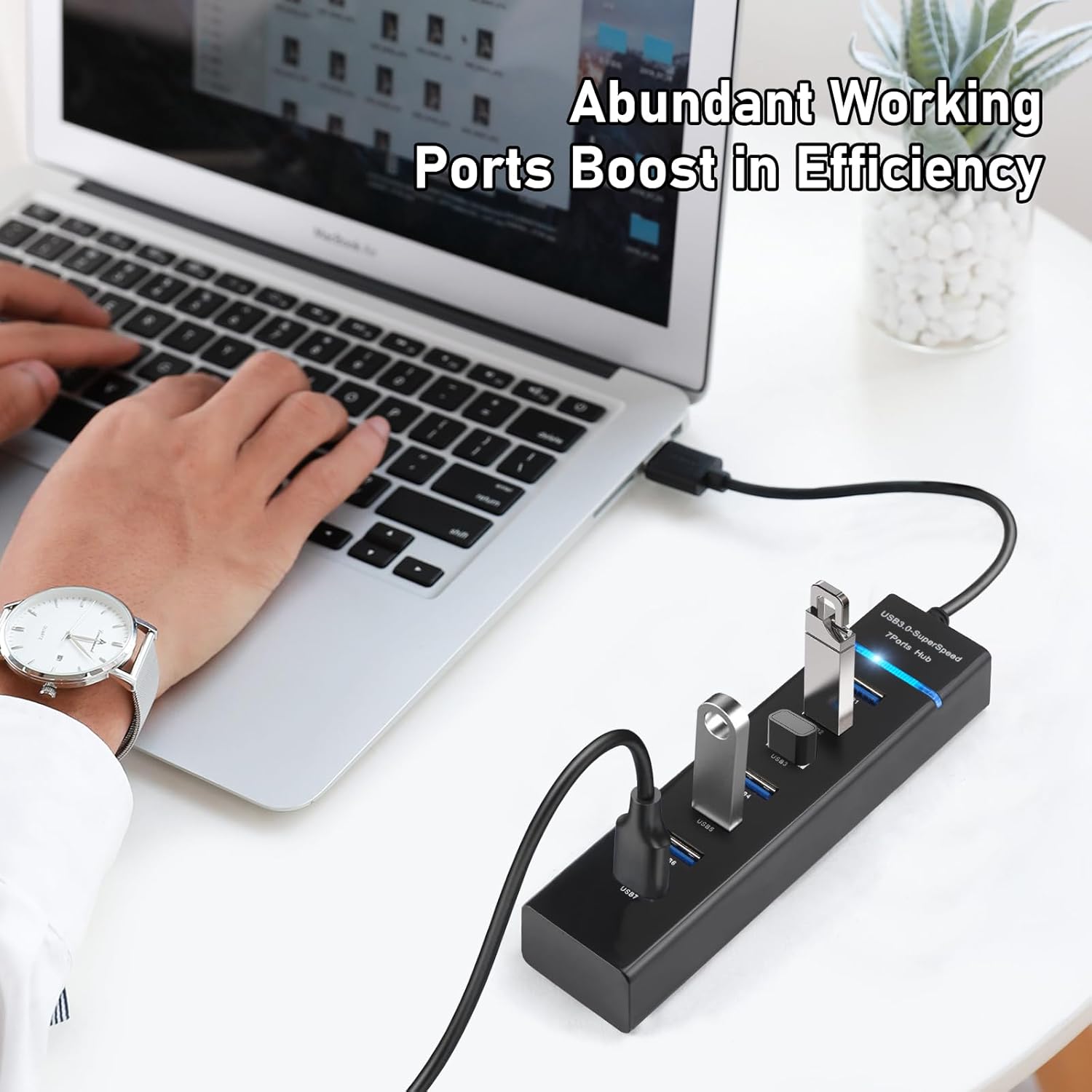 Hub USB 7 in 1, USB 3.0, 7 porturi, 5 Gbps, de 30 cm, compatibil Windows, mac OS, Linux, Plug and Play, lumina LED, protectie supracurent, supraincarcare, scurtcircuit, multifunctional