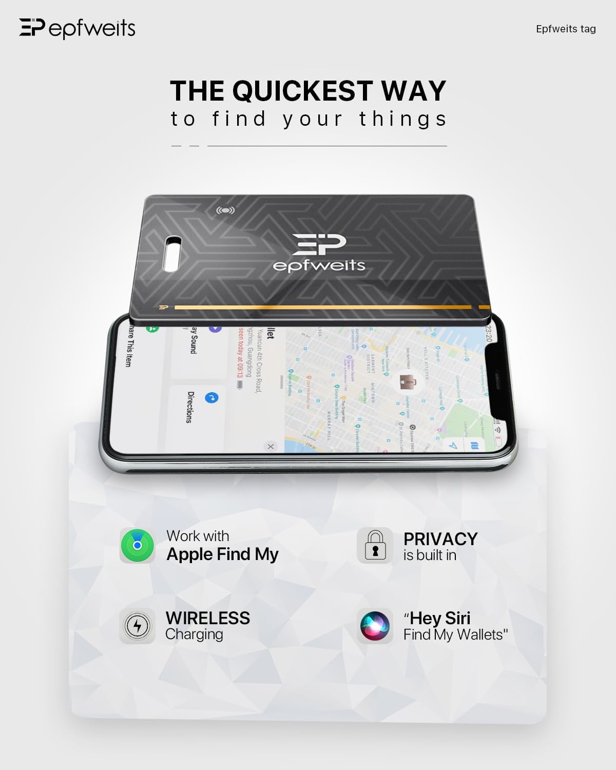 Card smart, dispozitiv antipierdere portofel, localizator Bluetooth cu incarcare wireless, sonerie, 1.6 mm, 60 m, doar pentru Apple iOS Find My
