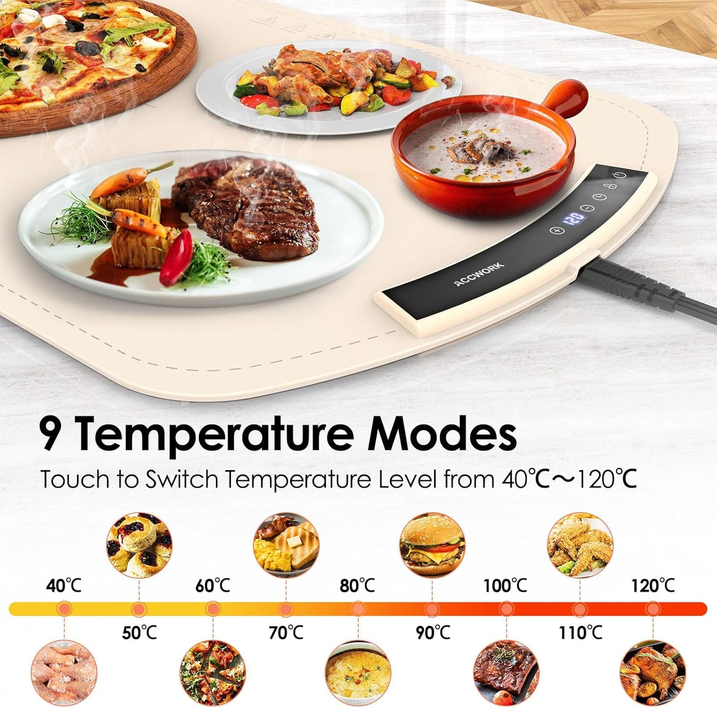Platou incalzit flexibil, incalzitor farfurii cu temperatura reglabila 40-120°C, 65 x 40 cm, placa de incalzire din silicon, pliabila, portabila, pentru dezghetare sau mentinerea temperaturii mancarii