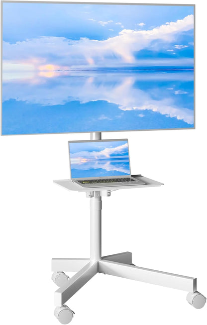 Suport TV mobil BONTEC pe roti pentru televizoare de 23-60 inch, suport TV portabil cu raft pentru laptop, carucior TV rulant reglabil pe inaltime pana la 25 kg, max. VESA 400 x 400 mm (alb)