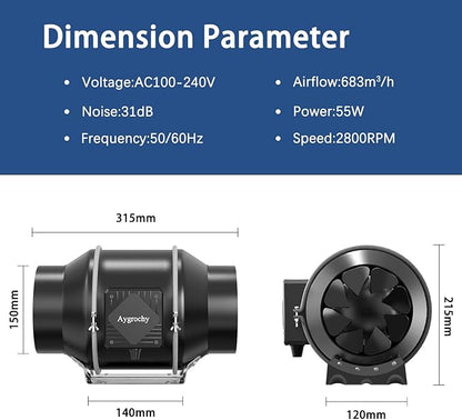 Ventilator evacuare aer 150 mm, reglabil, cu regulator de viteza, 683 m³/h, 2800 rpm, 55 W, 32 dB, material ABS, pentru incalzire, racire, boostere, corturi de crestere, hidroponie, ventilatie de evacuare