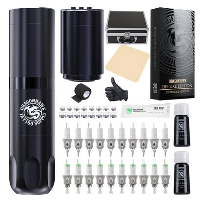 Set aparat de tatuaj wireless, masina rotativa tip stilou, cu 2 acumulatori 1500 mAh, cu incarcare USB C, display LCD ace tip cartus, 10 ml tus de tatuat, piele artificiala si cupe pentru cerneala in cutie dura pentru depozitare si transport