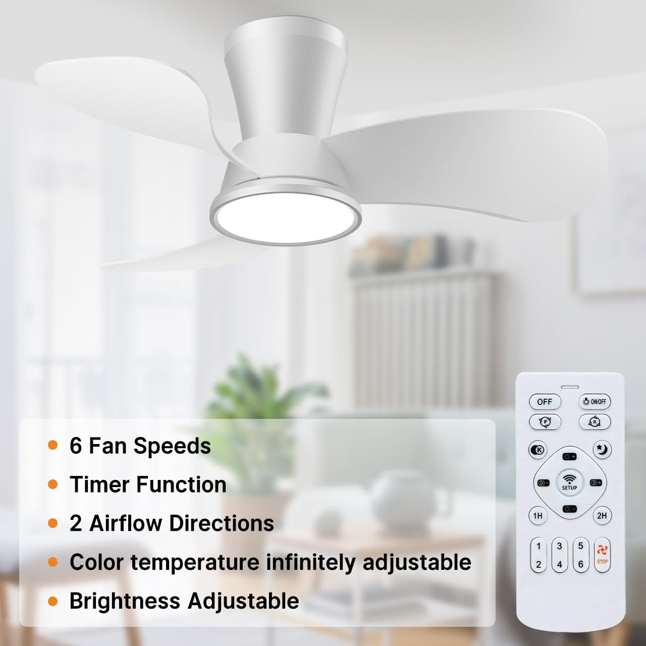 Ventilator de tavan cu iluminare, 6 viteze, 30 dB, diametru 76 cm, 3 temperaturi de culoare reglabile 3000 K/4500 K/6000 K, cu functie de temporizare, telecomanda, panou luminos LED 20 W 1800 lm, functie vara-iarna, alb