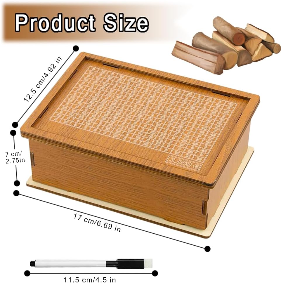 Pusculita din lemn cu tinta de economii si numere pentru bifat, 17 x 12.5 x7 cm, reutilizabila