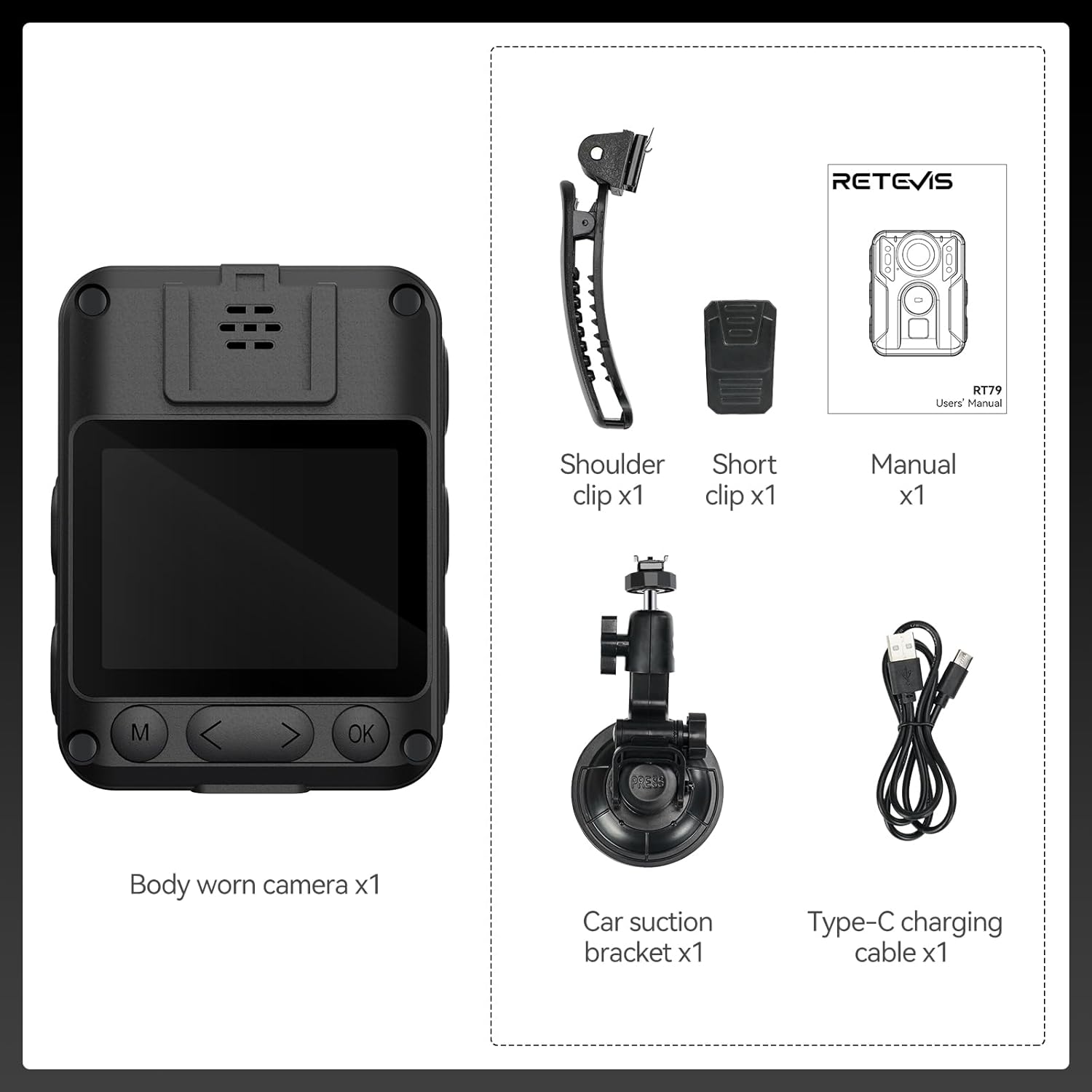 Camera video corporala, Bodycam 4K cu GPS, Nightvision, inregistrare in bucla, display, portabila, unghi larg 170°, 128 GB memorie, cu ventuza pentru masina si clema de haina
