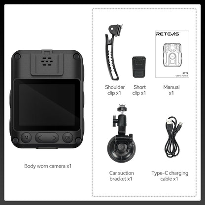 Camera video corporala, Bodycam 4K cu GPS, Nightvision, inregistrare in bucla, display, portabila, unghi larg 170°, 128 GB memorie, cu ventuza pentru masina si clema de haina