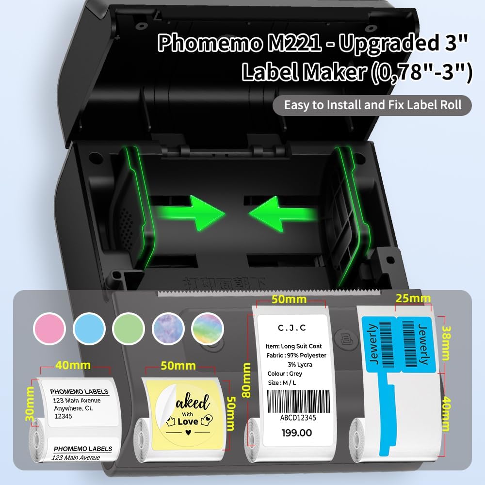 Imprimanta termica de etichete, Bluetooth, portabila, acumulator 2200 mAh, display LCD, viteza de imprimare 50 mm pe secunda, USB Type C, aplicatie dedicata, cu 1 rola etichete 40x30 mm, gri, Phomemo M221