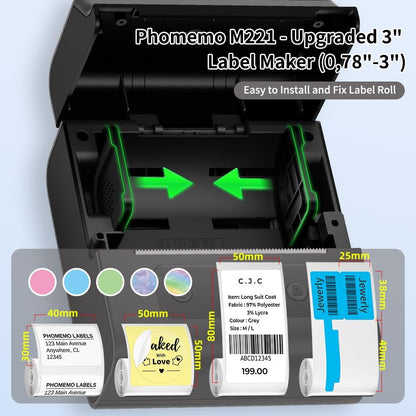 Imprimanta termica de etichete, Bluetooth, portabila, acumulator 2200 mAh, display LCD, viteza de imprimare 50 mm pe secunda, USB Type C, aplicatie dedicata, cu 1 rola etichete 40x30 mm, gri, Phomemo M221