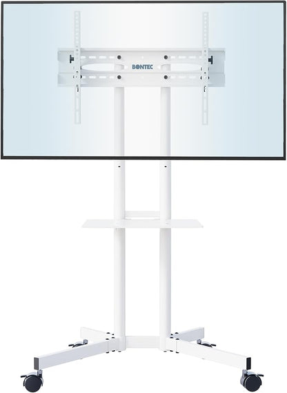 Suport TV stand cu roti, pentru televizoare de 32-85 inch plat si curbat de pana la 60 kg, reglabil in inaltime, VESA maxim 600 x 400 mm, alb