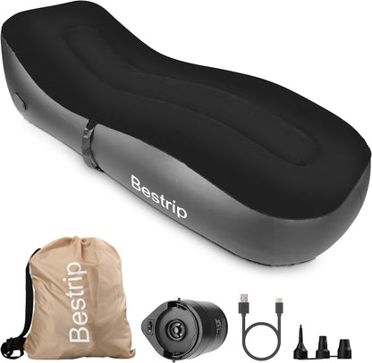 Sezlong gonflabil cu pompa de aer incorporata, 180 x 70 x 50 cm, capacitate 150 kg, design ergonomic, pentru camping, utilizare interior si exterior, negru