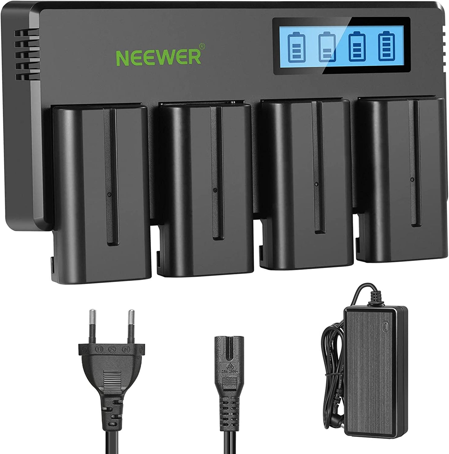 Set de 4 acumulatori NP F550 2600mAh cu incarcator cu 4 canale si display LCD compatibile cu NP F550/750/770/970 FM500H QM71D QM91D