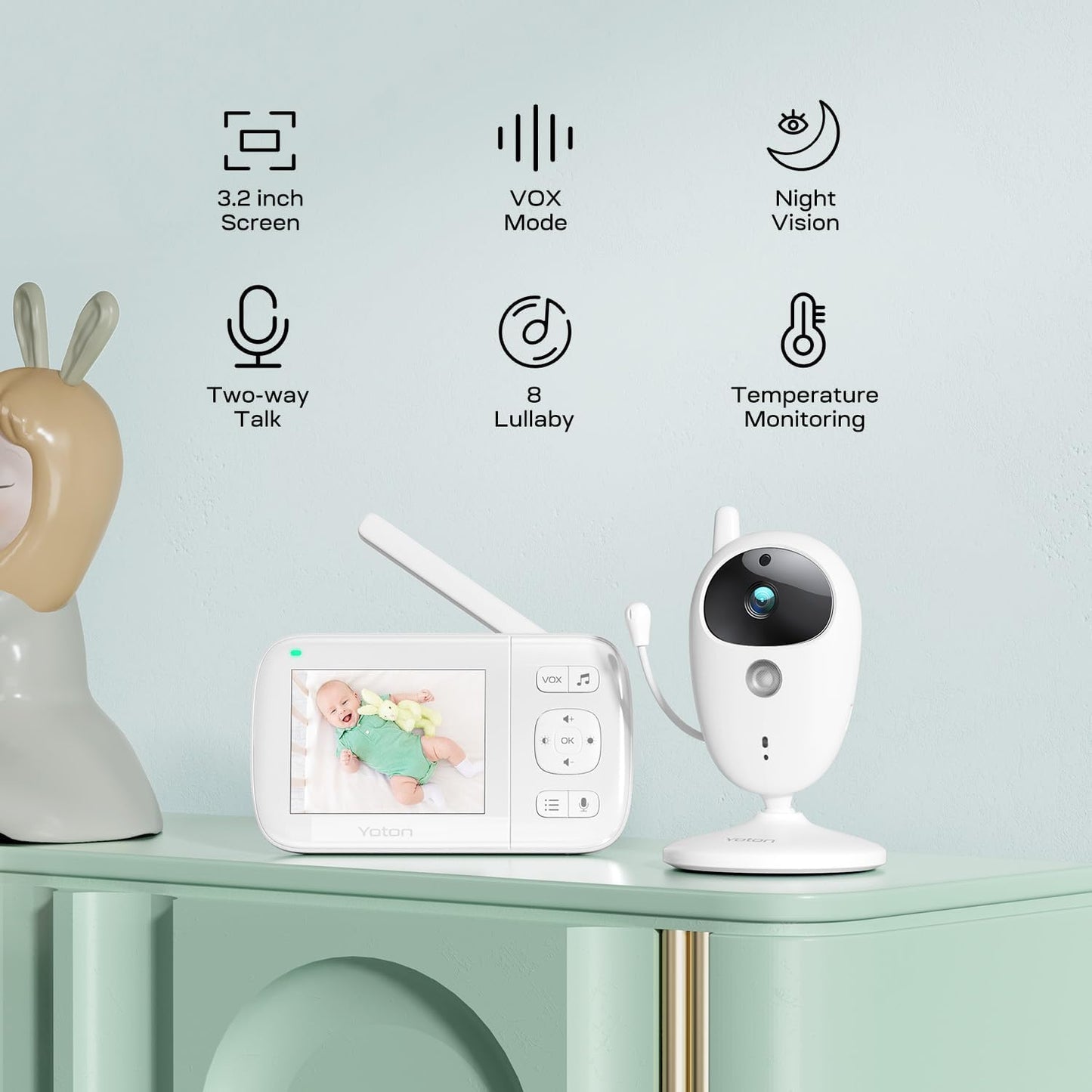 Set baby monitor Wireless, cu camera, afisaj 3.5 inch, acumulator 1200 mAh, mod VOX, nightvision, alarma, comunicare bidirectionala, monitorizare temperaturii, 8 cantece de leagan, monitorizare bebelus, alb
