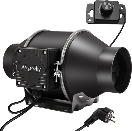 Ventilator evacuare aer 100 mm Aygrochy, clasa energetica A, reglabil, cu regulator de viteza, 363 m³/h, 2800 rpm, 30 W, motor EC, silentios, material ABS, pentru baie, bucatarie, garaj, subsol, corturi de crestere, hidroponie, ventilatie