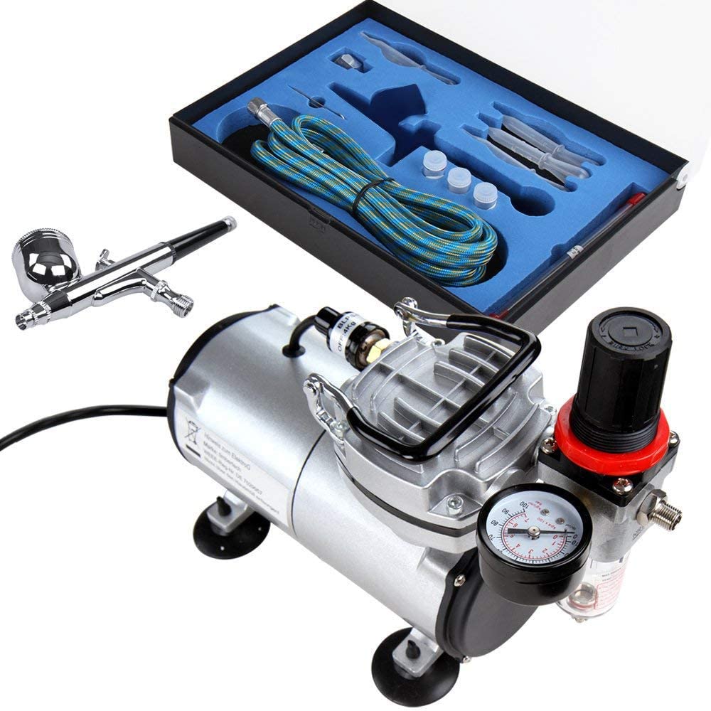 Set aerograf cu compresor cu regulator si filtru, airbrush cu pipete, furtun, si duze 0,2; 0,3; 0,5 mm, cu rezervor de 7 ml