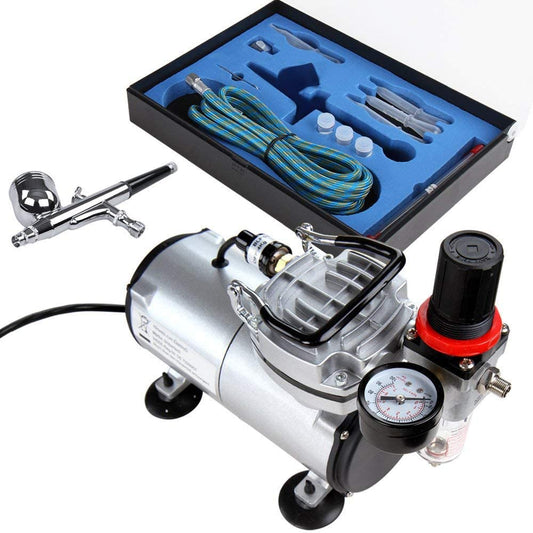Set aerograf cu compresor cu regulator si filtru, airbrush cu pipete, furtun, si duze 0,2; 0,3; 0,5 mm, cu rezervor de 7 ml