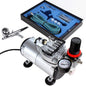 Set aerograf cu compresor cu regulator si filtru, airbrush cu pipete, furtun, si duze 0,2; 0,3; 0,5 mm, cu rezervor de 7 ml