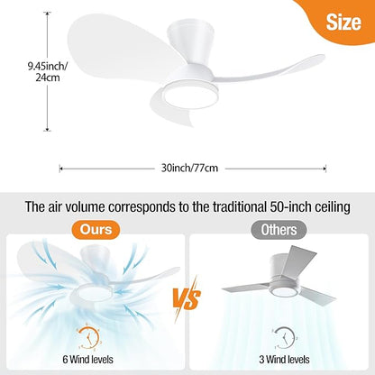 Ventilator de tavan cu iluminare, 6 viteze, 30 dB, diametru 76 cm, 3 temperaturi de culoare reglabile 3000 K/4500 K/6000 K, cu functie de temporizare, telecomanda, panou luminos LED 20 W 1800 lm, functie vara-iarna, alb