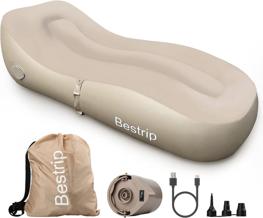Saltea gonflabila cu pompa de aer incorporata, 180 x 70 x 50 cm, capacitate 150 kg, design ergonomic, pentru camping, utilizare interior si exterior, maro