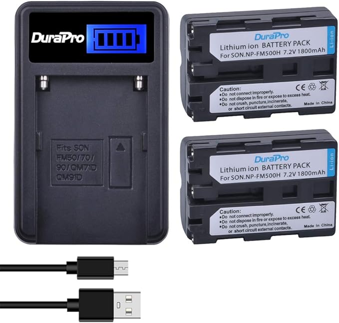 Set de 2 acumulatori NP-FM500H si incarcator USB LCD, pentru Sony a99, a77, a58, a57, a65, a68, a200, a300, a350, a450, a500, a550, a560, a700, a850, a90