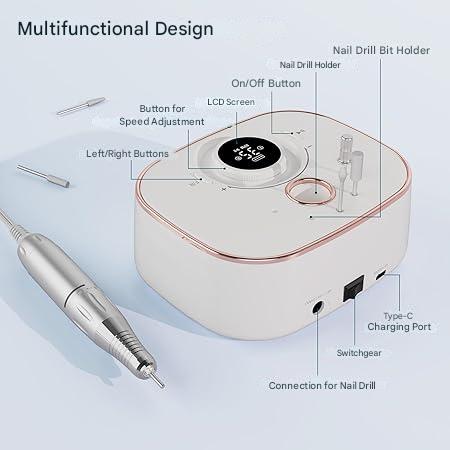 Freza de unghii 12 in 1 fara fir, pentru unghii cu gel, 35000 RPM, cu acumulator de 4000 mAh, blocare biti, afisaj LED, set profesional pentru manichiura si pedichiura