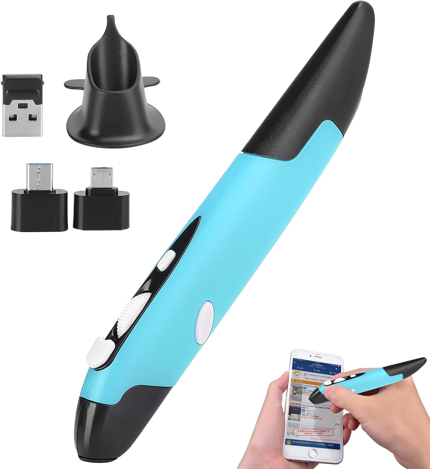Mouse Wireless tip stilou 2.4G, vertical si ergonomic, optic, mini receptor radio USB, conexiune USB-C si micro, compatibil PC, Laptop, Notebook, Windows 7/8/Vista/XP/2000 si macOS – Pentru dreptaci si stangaci