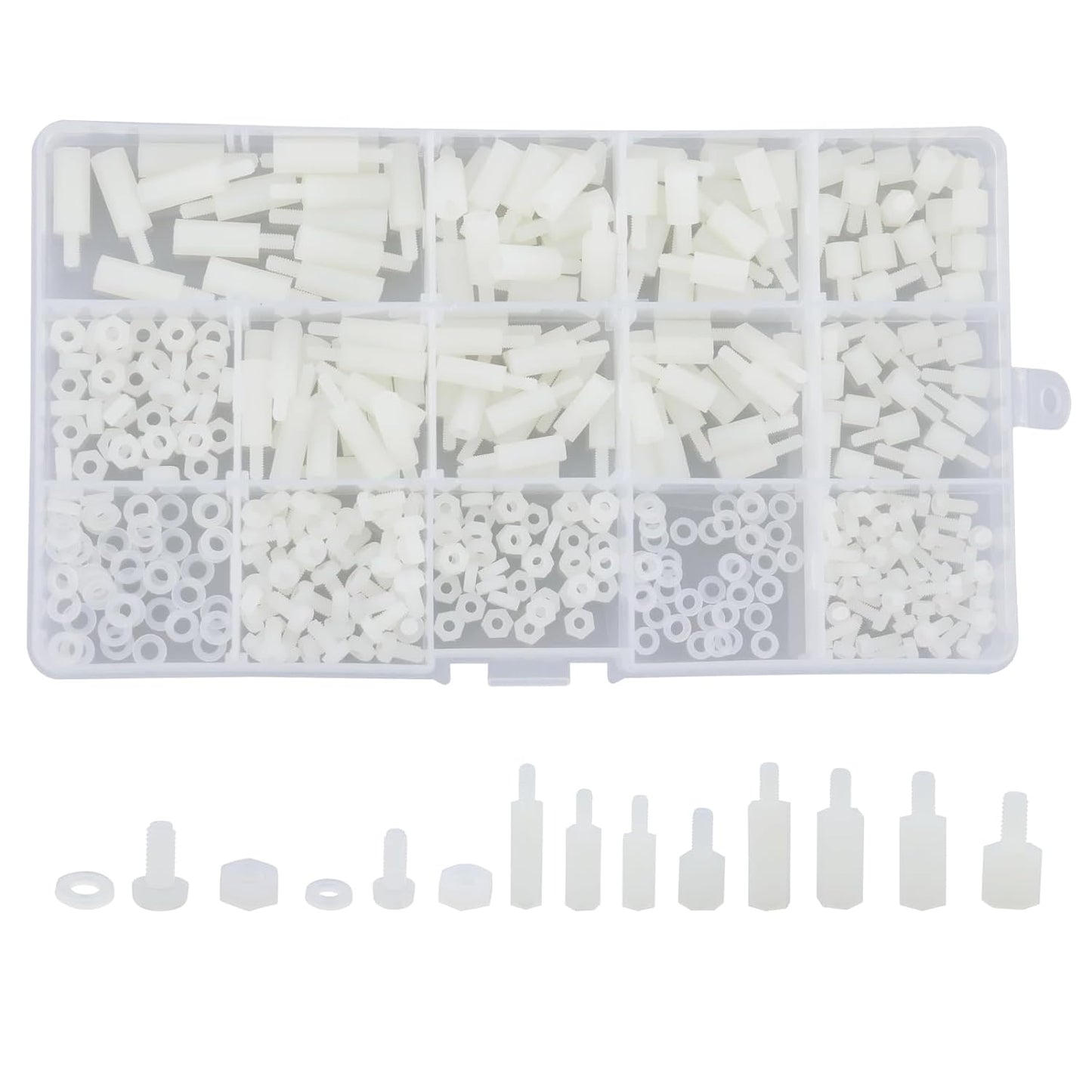 Set 380 de distantiere M2.5 M3 hexagonale, mama-tata, pentru placa PCB, din Nylon, cu piulite si saibe din plasitc, cu cutie de depozitare, albe