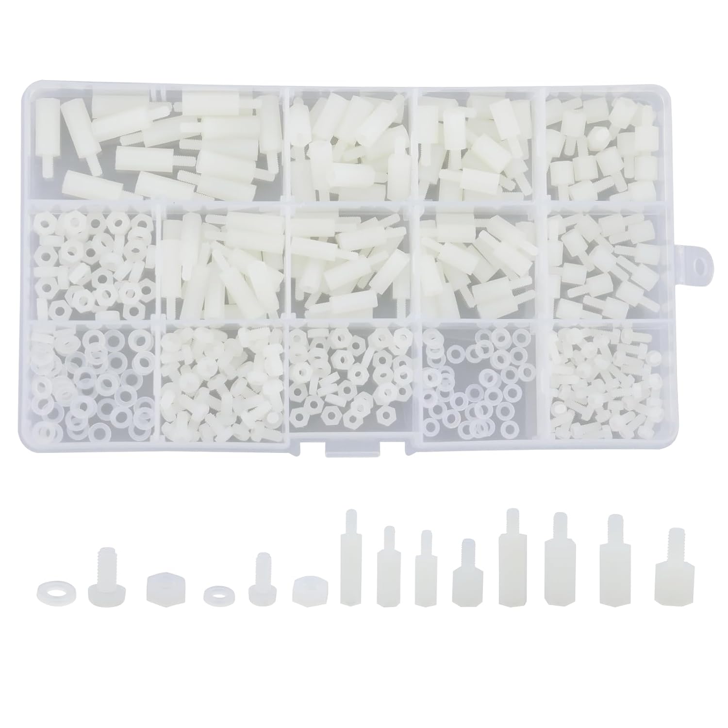 Set 380 de distantiere M2.5 M3 hexagonale, mama-tata, pentru placa PCB, din Nylon, cu piulite si saibe din plasitc, cu cutie de depozitare, albe