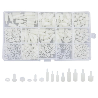 Set 380 de distantiere M2.5 M3 hexagonale, mama-tata, pentru placa PCB, din Nylon, cu piulite si saibe din plasitc, cu cutie de depozitare, albe