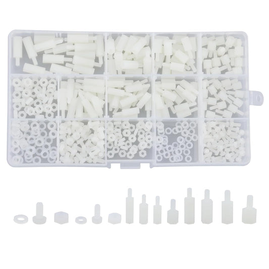 Set 380 de distantiere M2.5 M3 hexagonale, mama-tata, pentru placa PCB, din Nylon, cu piulite si saibe din plasitc, cu cutie de depozitare, albe
