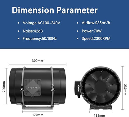 Ventilator evacuare aer 200 mm, 935 m³/h, 2300 rpm, 70 W, zgomot 42 dB, pentru instalatii de interior, agricultura verticala, uscare comerciala si filtrare a aerului