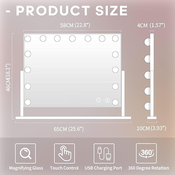 Oglinda cosmetica cu difuzor Bluetooth, oglinda machiaj cu lumini LED dimabile, temperatura reglabila rece-naturala-calda, butoane cu touch si port USB, rotativa 360°, alba