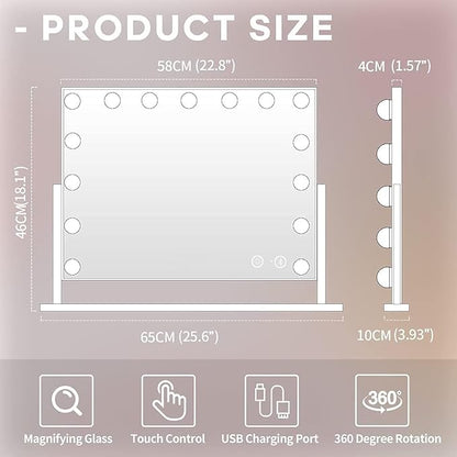 Oglinda cosmetica cu difuzor Bluetooth, oglinda machiaj cu lumini LED dimabile, temperatura reglabila rece-naturala-calda, butoane cu touch si port USB, rotativa 360°, alba