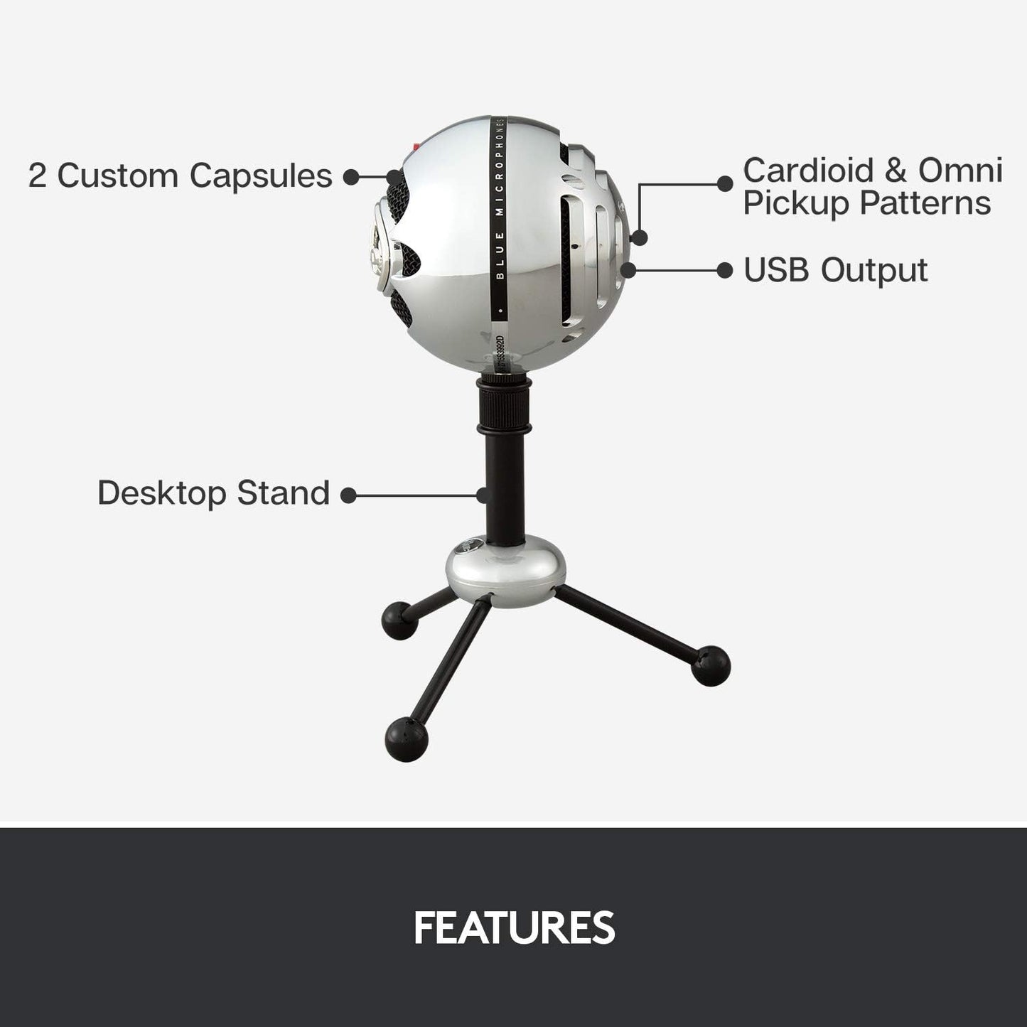 Microfon USB Blue Snowball, condensator cu 2 capsule, modele polare cardioid si omnidirectional, Plug & Play, pentru streaming, podcast, gaming, YouTube si conferinte, compatibil PC si Mac, argintiu