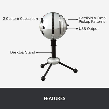 Microfon USB Blue Snowball, condensator cu 2 capsule, modele polare cardioid si omnidirectional, Plug & Play, pentru streaming, podcast, gaming, YouTube si conferinte, compatibil PC si Mac, argintiu