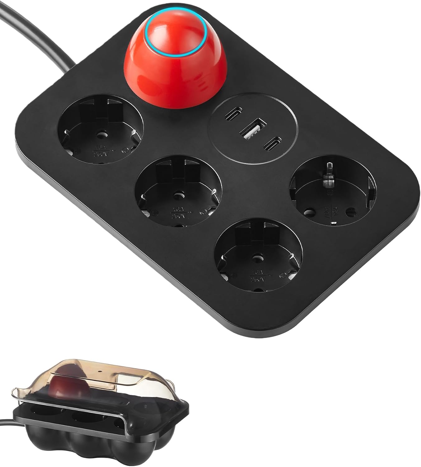 Prelungitor 7 in 1 cu protectie supratensiune, 4 prize + 2 USB-C + 1 USB-A, 16A 3680W, intrerupator, cablu 2 m, protectie copii si praf, negru